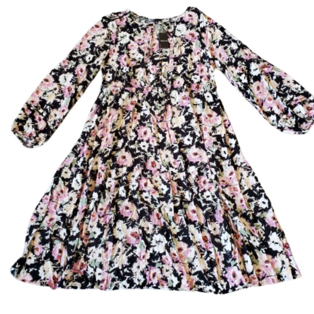Torrid plus floral swiss dot long sleeves tiered midi dress, 2XL, black - Picture 4 of 13